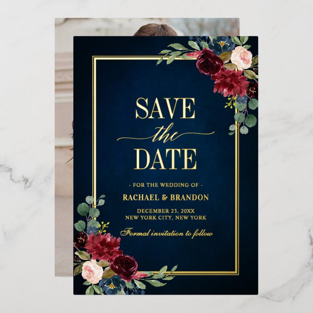 Invitation En Aluminium Burgundy Navy Floral Gold Photo Enregistrer la dat (Recto/Verso)