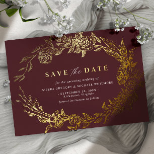 Invitation En Aluminium Burgundy Red et Or   Luxe Floral Enregistrez la Da