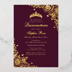 Invitation En Aluminium Burgundy Rose Gold Floral Quinceanera Anniversaire