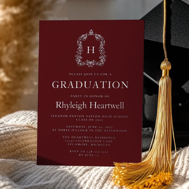 Invitation En Aluminium Burgundy Silver Monogram Crest Graduation Party (Créateur téléchargé)