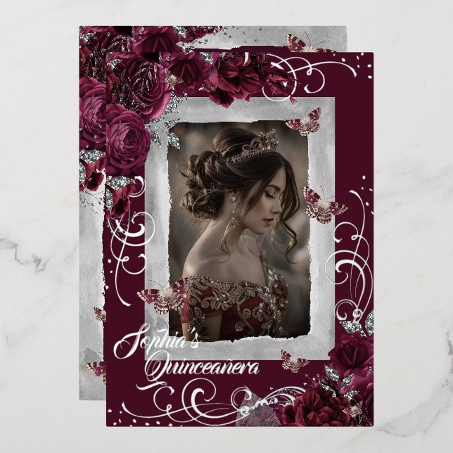Invitation En Aluminium Burgundy Silver Quinceanera Photo Rose Papillon (Recto/Verso)