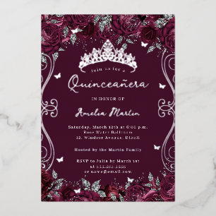 Invitation En Aluminium Burgundy Silver Swirl Scroll Floral Quinceanera 