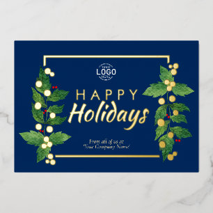 Invitation En Aluminium Business Happy Holidays Blue Real Gold Foil Card