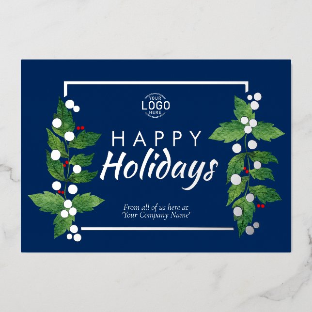 Invitation En Aluminium Business Happy Holidays Blue Real Silver Foil Card (Recto)