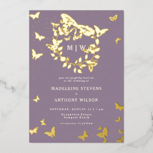 Invitation En Aluminium Butterfly Crest Lilac Gold Monogrammes Mariage