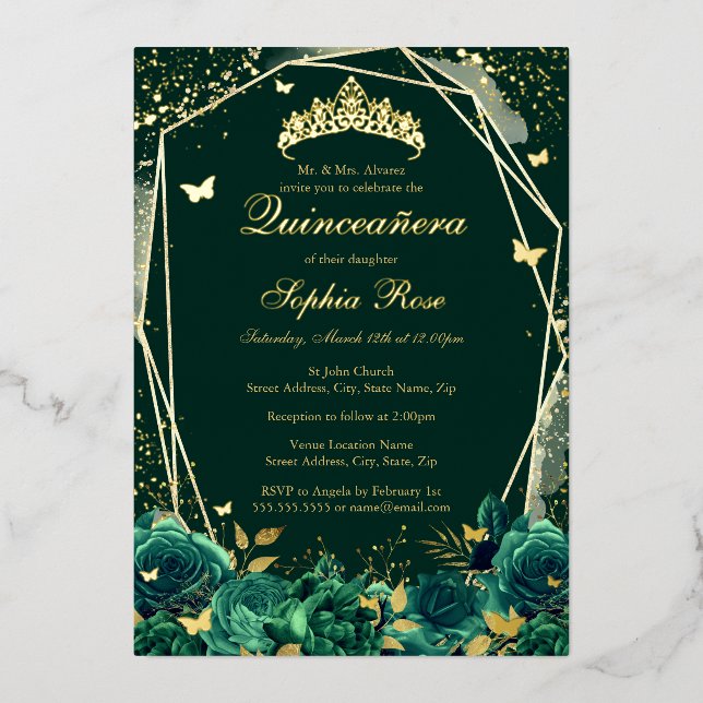 Invitation En Aluminium Butterfly florale d'émeraude Tiara Quinceanera (Recto)