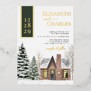 Invitation En Aluminium Cabine d'hiver Cottage Vert Rustique Mariage