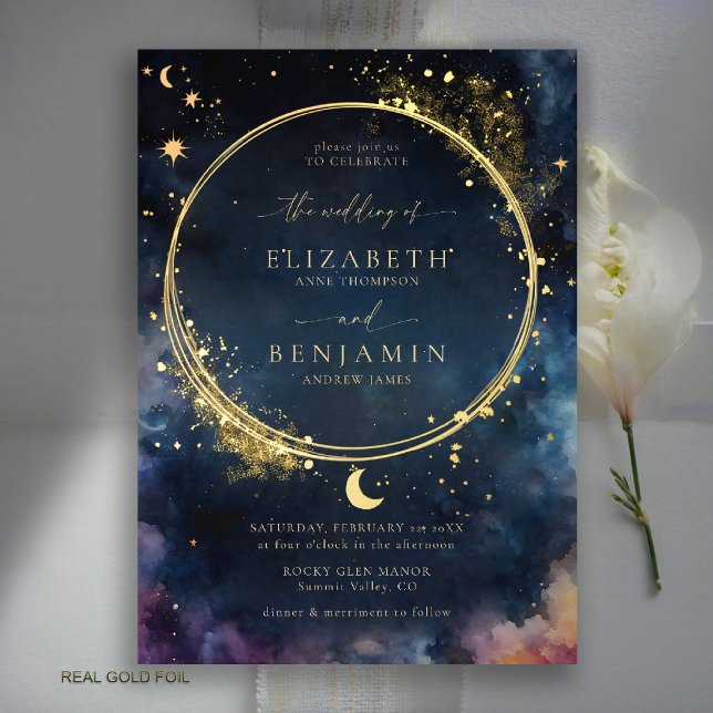 Invitation En Aluminium Cadeau céleste Midnight Blue Elegant Mariage or (celestial wedding invitation gold foil watercolor starry night sky galaxy universe astrology)