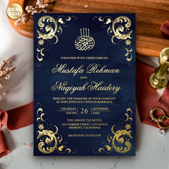 Invitation En Aluminium Cadre Antique Bleu Marine Mariage Islamique Or (Créateur téléchargé)