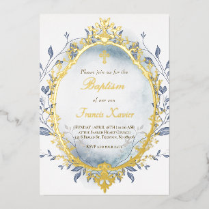 Invitation En Aluminium cadre argent aquarelle bleue baptême d'hiver 