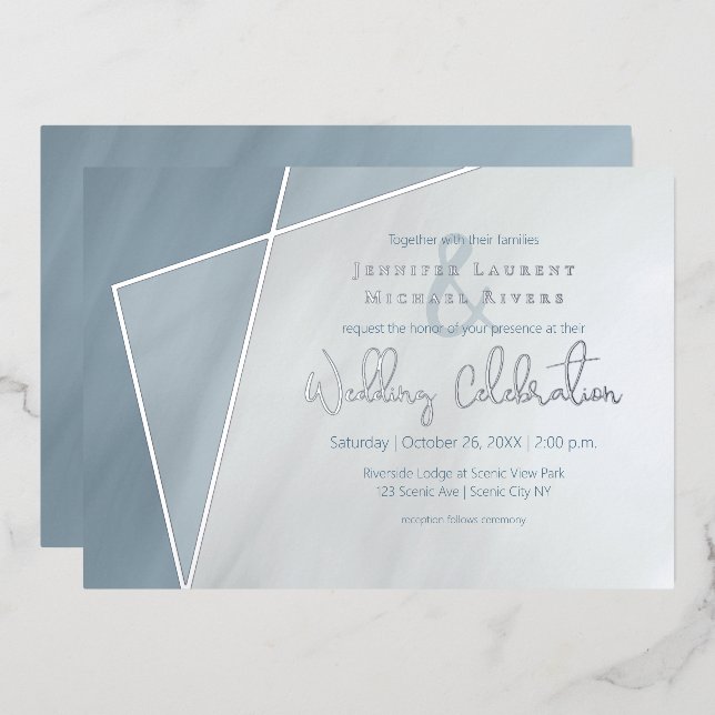 Invitation En Aluminium cadre asymétrique mariage bleu poussiéreux avec ar (Recto/Verso)
