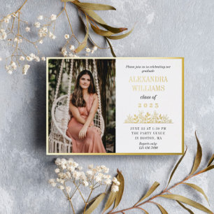 Invitation En Aluminium Cadre de feuille d'or et fleurs Photo Diplôme Feui