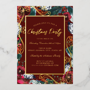 Invitation En Aluminium Cadre de fleurs tourbillonnant rouge or Fête de No