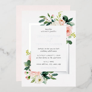 Invitation En Aluminium Cadre de mariage floral rose Silver Blush 