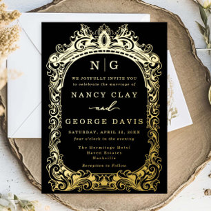 Invitation En Aluminium Cadre de mariage monogramme vintage noir et or