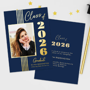 Invitation En Aluminium Cadre de photo d'annonce de diplôme 2026 Navy Gold