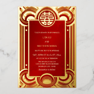 Invitation En Aluminium Cadre doré bilingue pour mariage chinois rouge