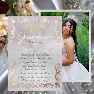 Invitation En Aluminium Cadre élégant et photo sur Quinceanera blanche