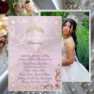 Invitation En Aluminium Cadre Élégant & Photo sur Quinceanera Rose Pastel