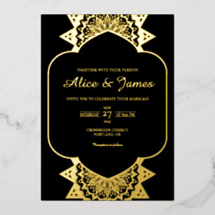 Invitation En Aluminium Cadre en arche Mandala Elégant Mariage Noir et Or