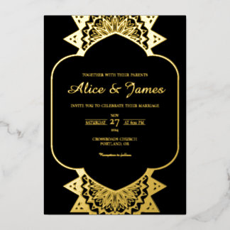 Invitation En Aluminium Cadre en arche Mandala Elégant Mariage Noir et Or