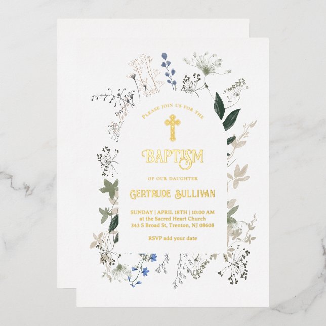 Invitation En Aluminium Cadre fleur sauvage Baptême (Recto/Verso)