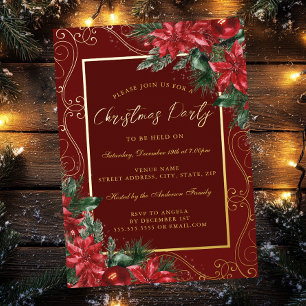 Invitation En Aluminium Cadre floral festif rouge pour la fête de Noël