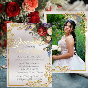 Invitation En Aluminium Cadre floral, photo et doré - Pearl Quinceanera