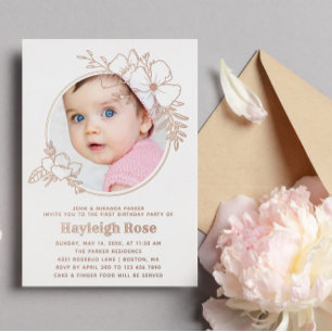 Invitation En Aluminium Cadre floral rose gold pour photo pour le 1er anni