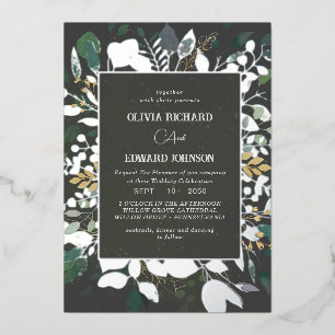 Invitation En Aluminium Cadre géométrique feuilles vertes et or argent
