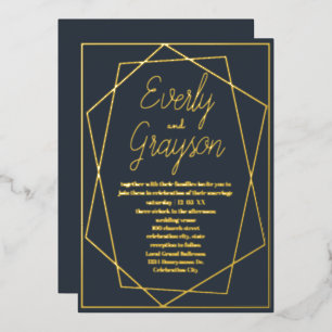 Invitation En Aluminium Cadre géométrique Opulence bleue et Mariage or