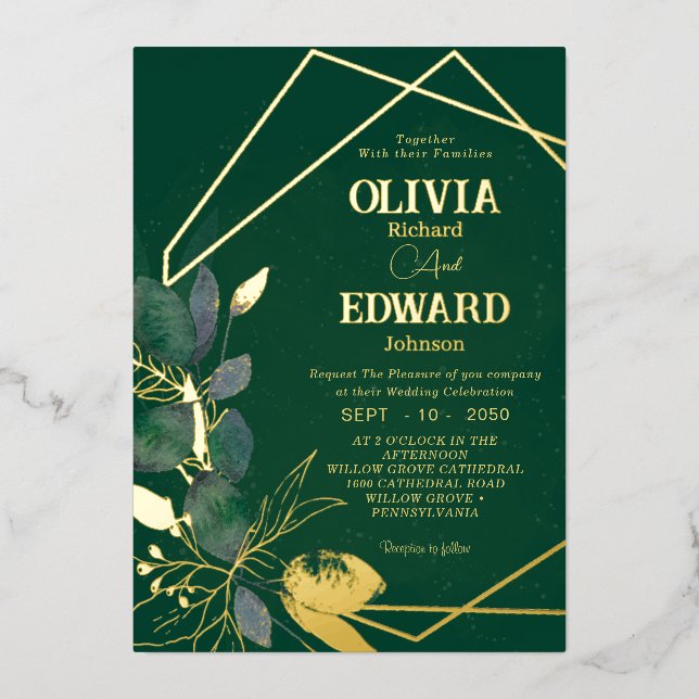 Invitation En Aluminium Cadre géométrique vert congé et or Mariage Foil (Recto)