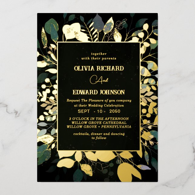 Invitation En Aluminium Cadre géométrique vert et or feuillage (Recto)