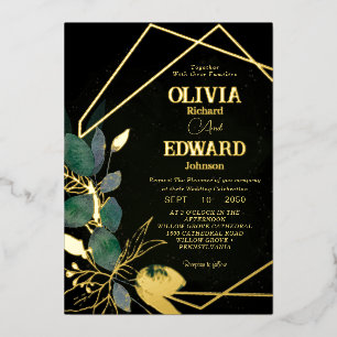 Invitation En Aluminium Cadre géométrique vert laisser et or Mariage noir