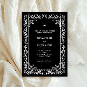 Invitation En Aluminium Cadre illustré Luxe sur fond noir Mariage Argent