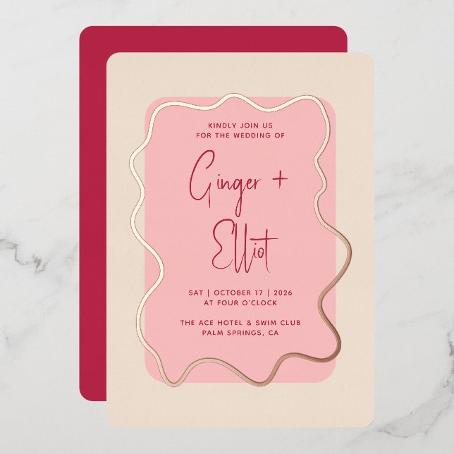 Invitation En Aluminium Cadre moderne Gras Wavy Magenta Rose Mariage Gold (Recto/Verso)
