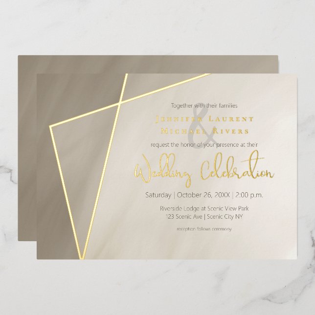 Invitation En Aluminium cadre or asymétrique gris antique avec or (Recto/Verso)