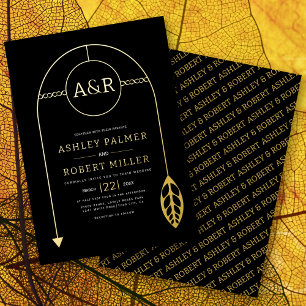 Invitation En Aluminium Cadre or avec feuille, initiales mariage noir