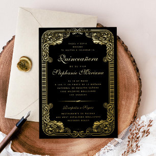Invitation En Aluminium Cadre Orné Noir et Or espagnol Quinceanera