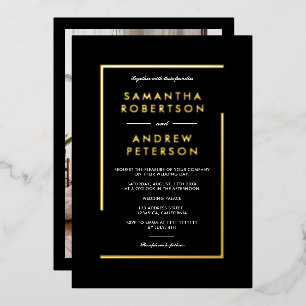 Invitation En Aluminium Cadre photo géométrique or élégant mariage noir