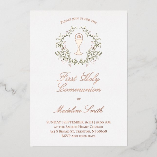 Invitation En Aluminium cadre verdoyant Première communion sainte (Recto)