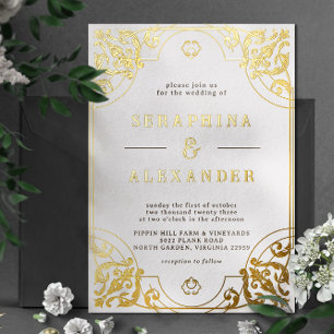 Invitation En Aluminium Cadre Vintage Orné Mariage Réel Or et Blanc