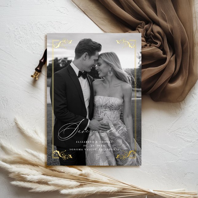 Invitation En Aluminium Cadres formels dorés Mariage photo Enregistrer la  (foil wedding save the date photo card template gilded flourish calligraphy gold foil regal royal)