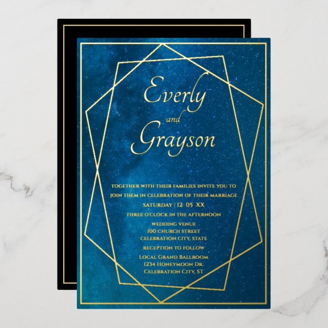 Invitation En Aluminium Cadres géométriques Nuit Ciel Bleu & Mariage Or (Recto/Verso)