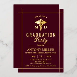 Invitation En Aluminium Caducée doré Classe 2026 graduation bordeaux