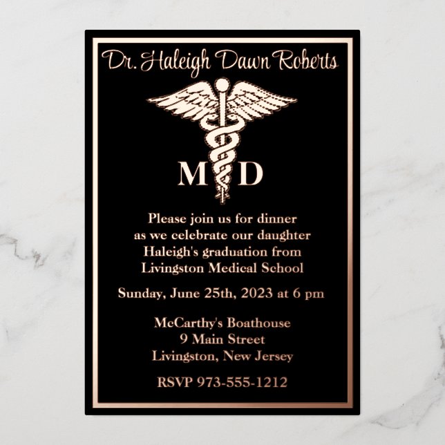 Invitation En Aluminium Caduceus Médicale School Graduation Black/Rose Gol (Recto)