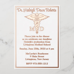 Invitation En Aluminium Caduceus Médicale School Graduation Blanc/Rose Gol