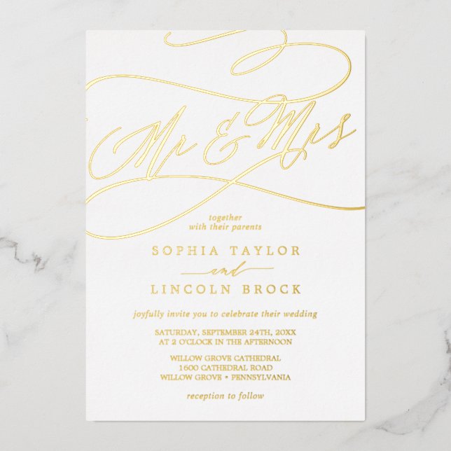 Invitation En Aluminium Calligraphie à huile d'or romantique M & Mme Maria (Recto)