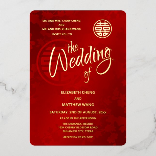 Invitation En Aluminium Calligraphie BILINGUE Rouge or Mariage chinois (Recto)