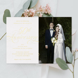 Invitation En Aluminium Calligraphie Élégante Photo 50e Anniversaire Doré